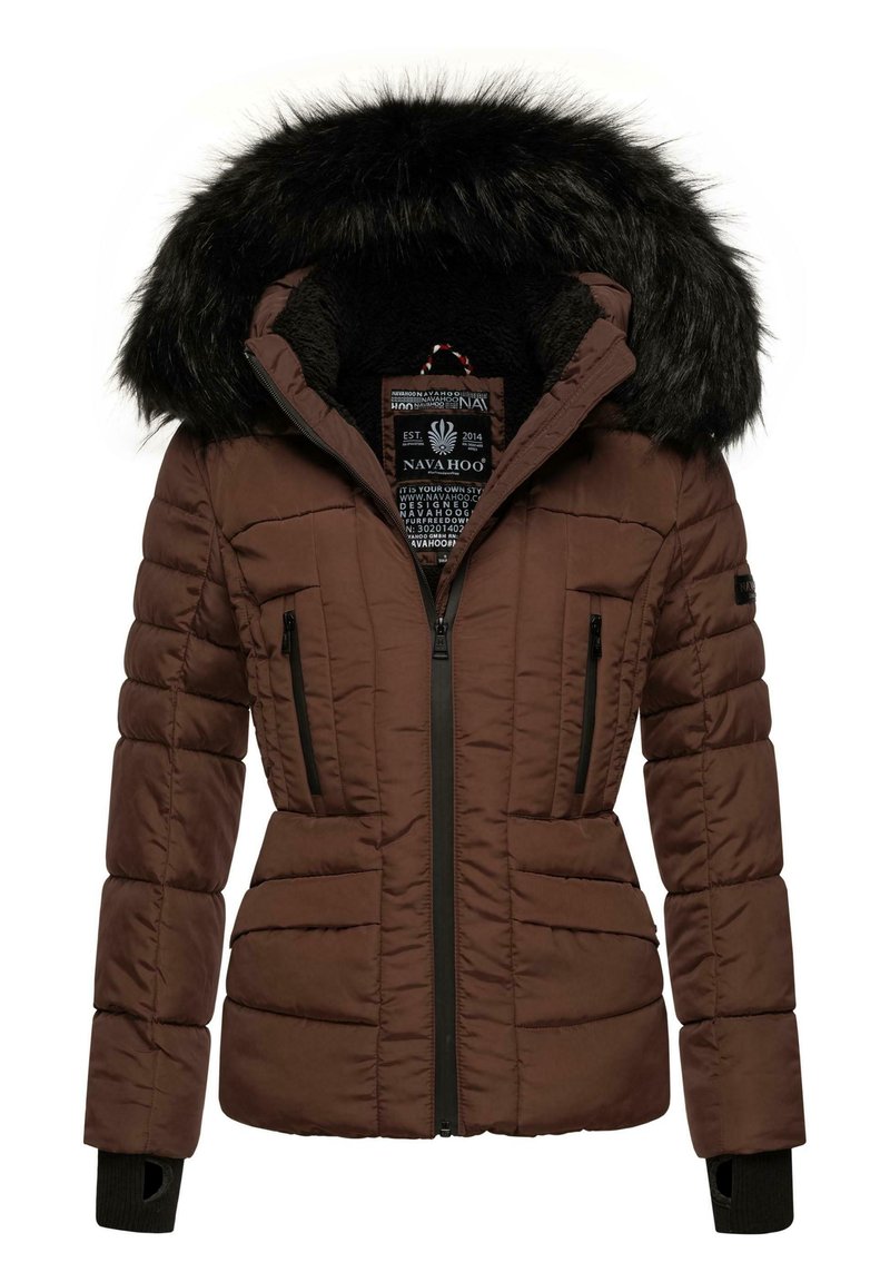 Brown puffer jacket with a black fur-lined hood. Features a zip front, two zippered pockets, and ribbed cuffs. Textured fabric with horizontal stitching.