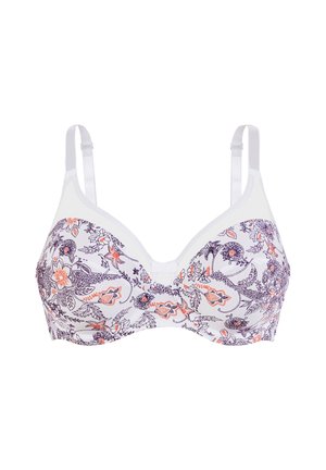 Soutien-gorge blanc avec un motif floral en violet et orange. Dispose de bretelles réglables et d'une fermeture à crochets. Tissu doux avec une texture lisse.
