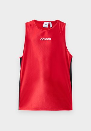 Red sleeveless athletic tank top, made from smooth fabric. Features black side panels and white "adidas" logo on the front.