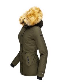 Olive green jacket with a faux fur hood. Features a button front, side pockets, ribbed cuffs, and a smooth texture.