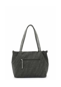 Graue Stoffhandtasche mit glatter Textur, zwei langen Griffen, einer Reißverschlusstasche vorne und einer strukturierten Form. Einfaches Design ohne Muster.