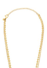 Gouden, vergulde ketting met afwisselend sferische kralen en een verfijnd schakeldesign, afgewerkt met een hondenclip voor een veilige sluiting.