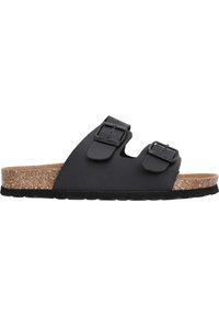 Svart sandalett med två remmar och justerbara spännen, korksula och texturerad gummiyttersula, med en slät syntetisk ovandel.