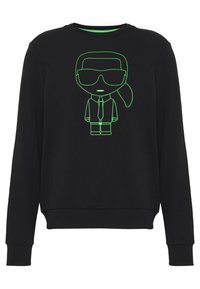 Felpa nera con una grafica a cartone animato in verde neon di un personaggio con occhiali da sole, con scollo rotondo e polsini a costine.