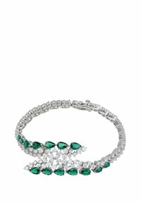 Silver bracelet featuring pear-shaped green gemstones and clear crystals, arranged in a zigzag pattern with a secure clasp.