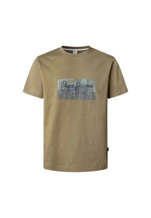 Khaki pamučna majica s kratkim rukavima, s printanim logom u sivoj i crnoj boji. Ravni kroj i okrugli izrez.