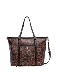 Borsa a tracolla marrone con motivo a fantasia realizzata in materiale sintetico testurizzato, dotata di due spallacci, una tasca frontale e dettagli in metallo color oro.