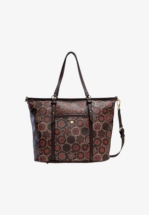 Borsa a tracolla marrone con motivo a fantasia realizzata in materiale sintetico testurizzato, dotata di due spallacci, una tasca frontale e dettagli in metallo color oro.