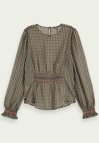 Bluzka z kołnierzykiem w wzór houndstooth, czarna i kremowa. Posiada marszczone akcenty w talii i przy mankietach, długie bufiaste rękawy, lekką tkaninę.