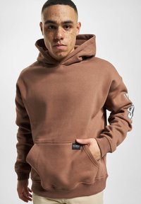 Felpa in cotone marrone con tasca frontale, polsini a coste e logo sulla manica. Presenta un cappuccio con coulisse e una texture liscia.