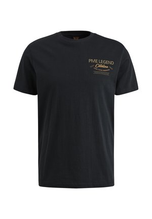 Zwarte katoenen t-shirt met korte mouwen, met een gouden logo op de bovenste linkerborst. Klassieke ronde hals en rechte zoom.