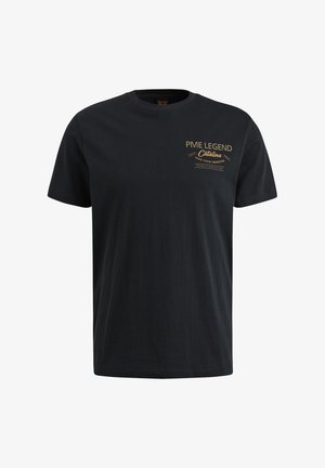 T-shirt in cotone nero con maniche corte, caratterizzato da un logo dorato sul lato sinistro del petto. Stile classico con collo a giro e orlo dritto.