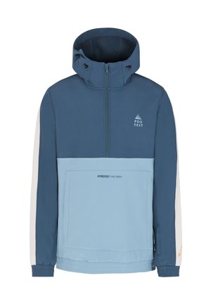 Sinine ja helesinine kapuutsiga jakk, millel on pool tõmblukk, elastsed varrukad, suur esikott, logo detail ning sportlik disain.