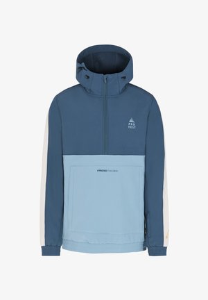 Sinine ja helesinine kapuutsiga jakk, millel on pool tõmblukk, elastsed varrukad, suur esikott, logo detail ning sportlik disain.