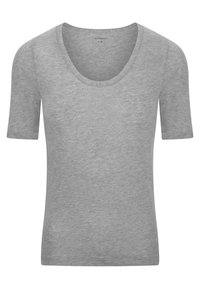 Grijze kortebloes t-shirt van zachte stof, met een ronde halslijn en een gladde textuur, met minimale stikdetails.