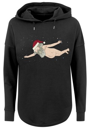 Black hooded sweatshirt with a curved hem, featuring a cartoon design of a bearded character in a Santa hat, floating against a starry background.