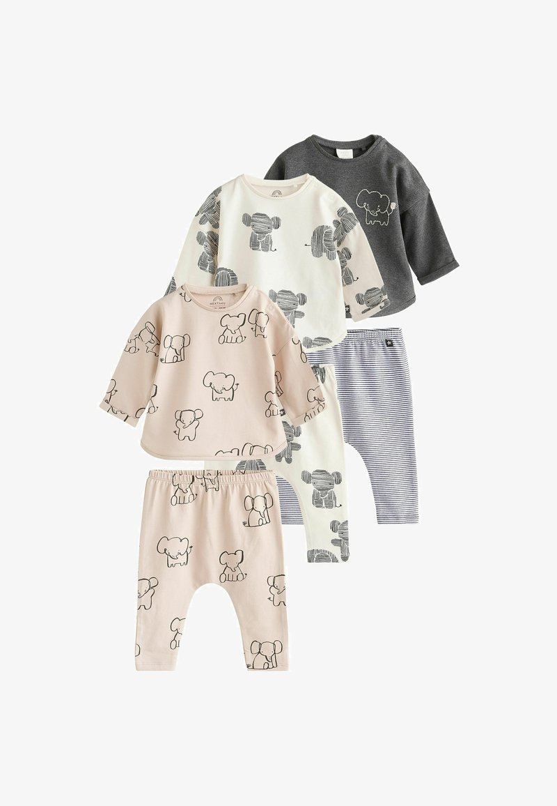 Four pieces of children's clothing: two tops in gray and white with elephant prints, and two pink and striped pants, made from soft fabric.