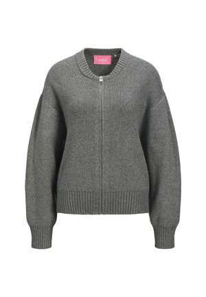 Grauer gestrickter Zip-Up-Pullover mit ribbeligen Bündchen, Saum und Kragen, ausgestattet mit einem rosa Etikett im Kragen.