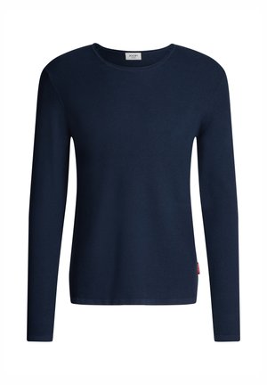 Pull à manches longues bleu marine avec texture côtelée et encolure ronde. Comprend une petite étiquette de marque sur le côté inférieur. Tissu léger.