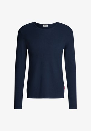 Pull à manches longues bleu marine avec texture côtelée et encolure ronde. Comprend une petite étiquette de marque sur le côté inférieur. Tissu léger.