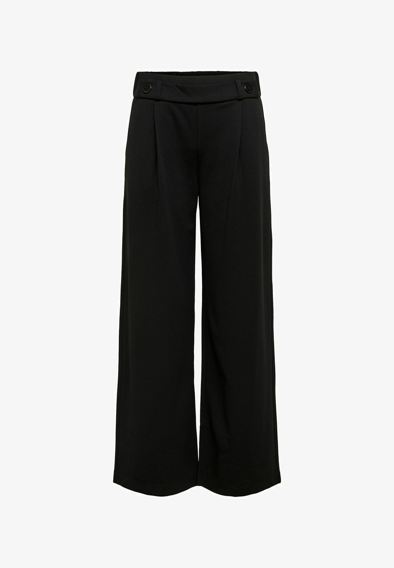 Černé kalhoty s širokými nohavicemi a vysokým pasem, s knoflíkovými detaily na pasu, předními sklady a hladkým povrchem látky.