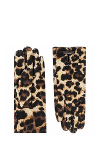 Leopardenmuster-Handschuhe aus strukturiertem Stoff mit einem schwarzen und braunen Muster und einer Schleifenverzierung am Handgelenk für einen sicheren Sitz.