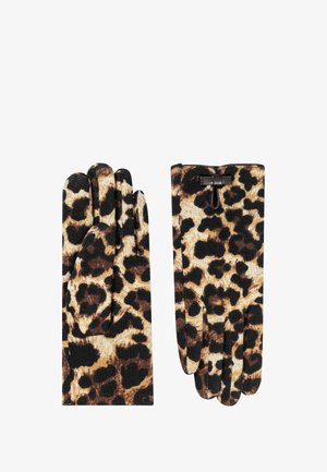 Leopardenmuster-Handschuhe aus strukturiertem Stoff mit einem schwarzen und braunen Muster und einer Schleifenverzierung am Handgelenk für einen sicheren Sitz.