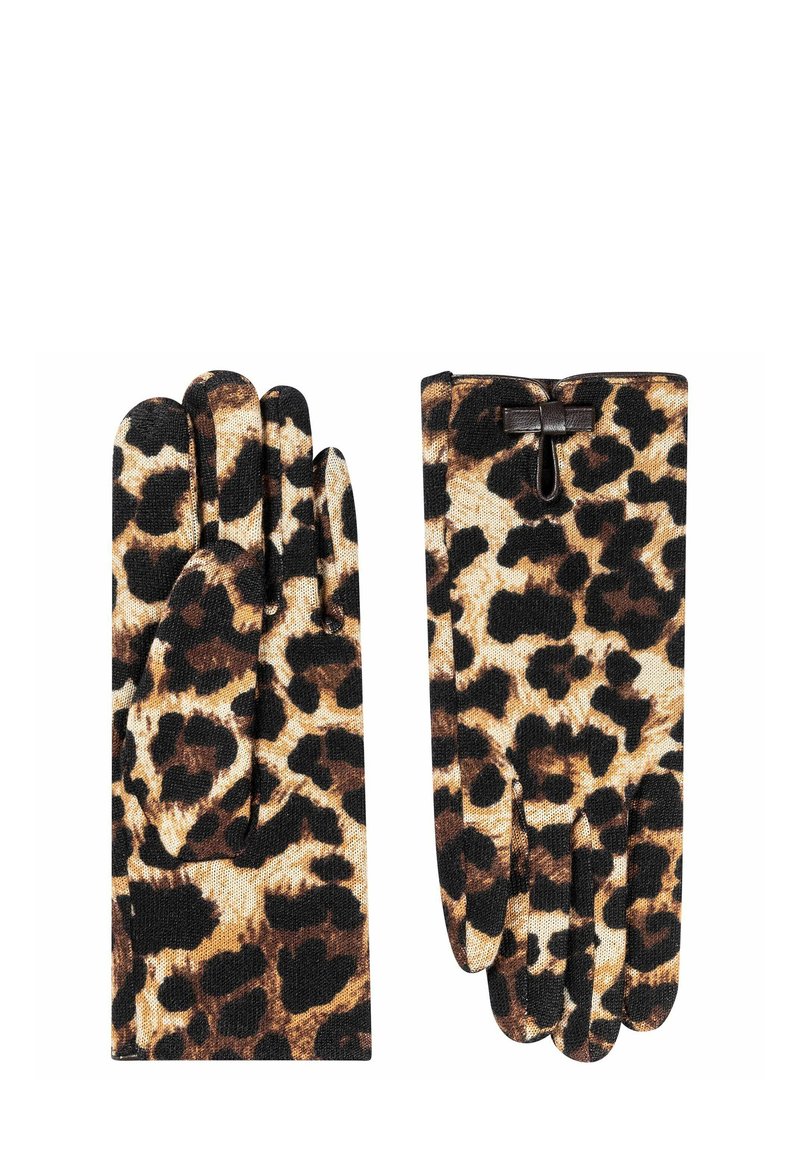 Leopardenmuster-Handschuhe aus strukturiertem Stoff mit einem schwarzen und braunen Muster und einer Schleifenverzierung am Handgelenk für einen sicheren Sitz.