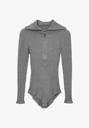 Grau gestreiftes Body mit langen Ärmeln, hohem Kragen und einem Frontreißverschluss. Hat einen engen Sitz und eine weiche Textur. Glatte Kanten am unteren Rand.