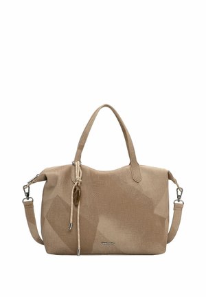 Beež tugitasku kahe sangaga, eemaldatava õlapaela, tekstuurse geomeetrilise mustriga ja dekoratiivse riputusaasaga ovaalse võluga.