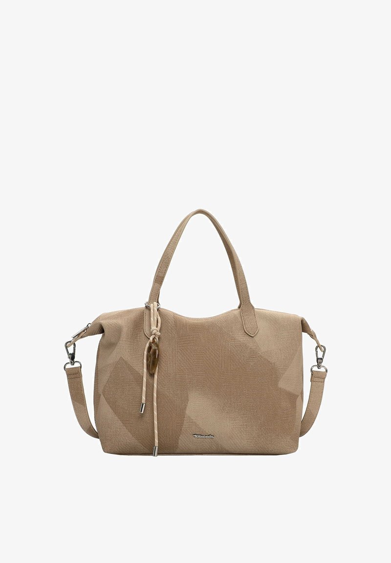 Sac fourre-tout beige avec doubles poignées, bandoulière détachable, motif géométrique texturé et cordon décoratif suspendu avec breloque ovale.