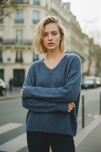 Jauna sieviete ar blondiem matiem, tērpusies zilā adītā džemper�ī, stāv ar sakrustotām rokām pilsētas ielā ar izplūdušām ēkām fonā.