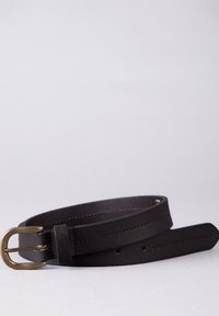 Brown leather belt with a brass buckle, featuring smooth texture, straight lines, and contrasting brown stitching along the edges.