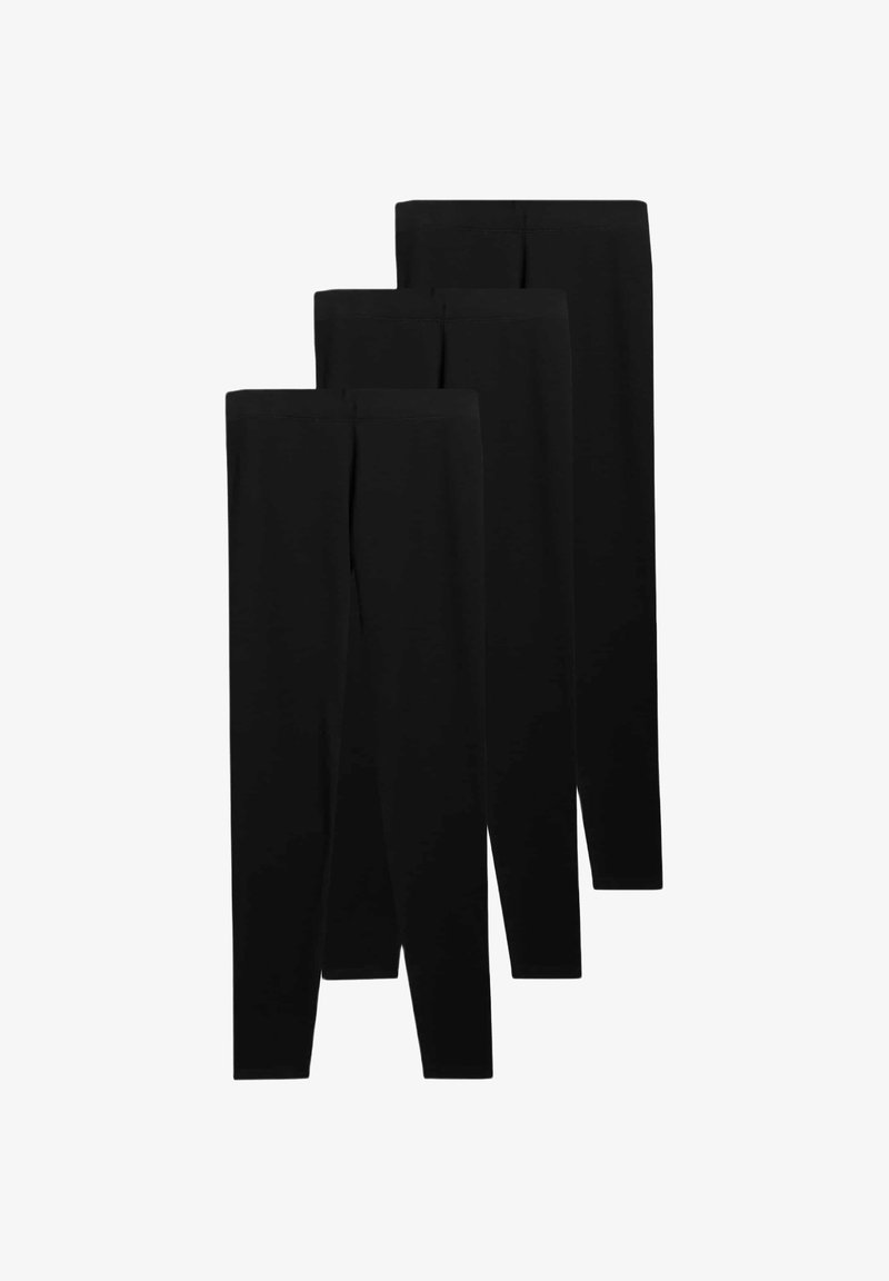 Tre par sorte leggings lavet af et glat materiale med et enkelt design, der har en elastisk talje og ingen synlige mønstre eller detaljer.