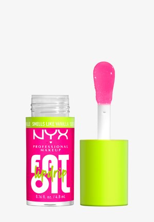 Olio labbra di NYX Professional Makeup in rosa acceso con tappo verde e applicatore, mostra il prodotto sul bastoncino su sfondo bianco.