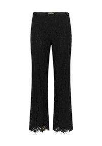 Sorte blonderbukser med flared ben, der har indviklede blomsterdekoreringer og en bølget kant. Blød tekstur med elastisk taljebånd.
