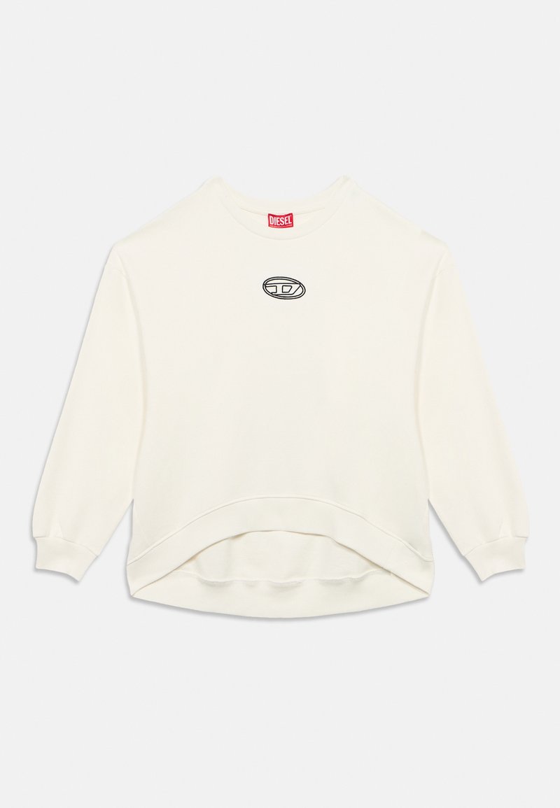 Λευκό φούτερ με στρογγυλεμένη τελική ραφή, ριμπ μανσέτες και μικρό κεντημένο λογότυπο στο κέντρο. Κατασκευασμένο από απαλό ύφασμα με άνετη εφαρμογή.