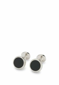 Gemelli da polso in tono argento con design circolare, centro nero, bordo texturizzato e finitura lucida per un aspetto sofisticato.