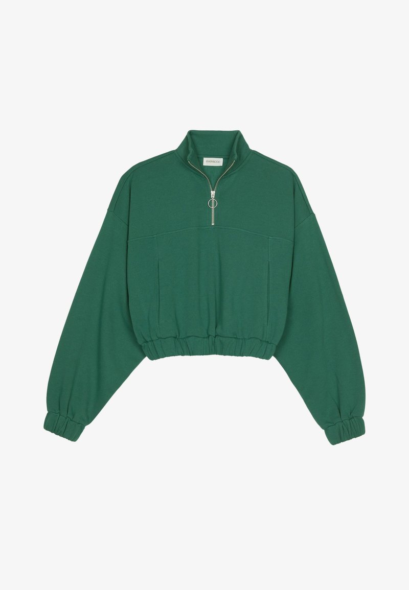 Grüner, kurzgeschnittener Sweatshirt aus weichem Stoff, mit einem halben Reißverschluss-Kragen, elastischen Bündchen und einem lockeren Schnitt mit abgesenkten Schultern.