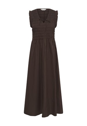 Tmavohnedé midi šaty bez rukávov s nariaseným živôtikom, výstrihom do V, malou prednou stuhou a nariasenou sukňou.