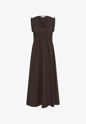 Robe midi sans manches marron foncé avec corsage froncé, encolure en V, petit lien à l'avant et jupe froncée.