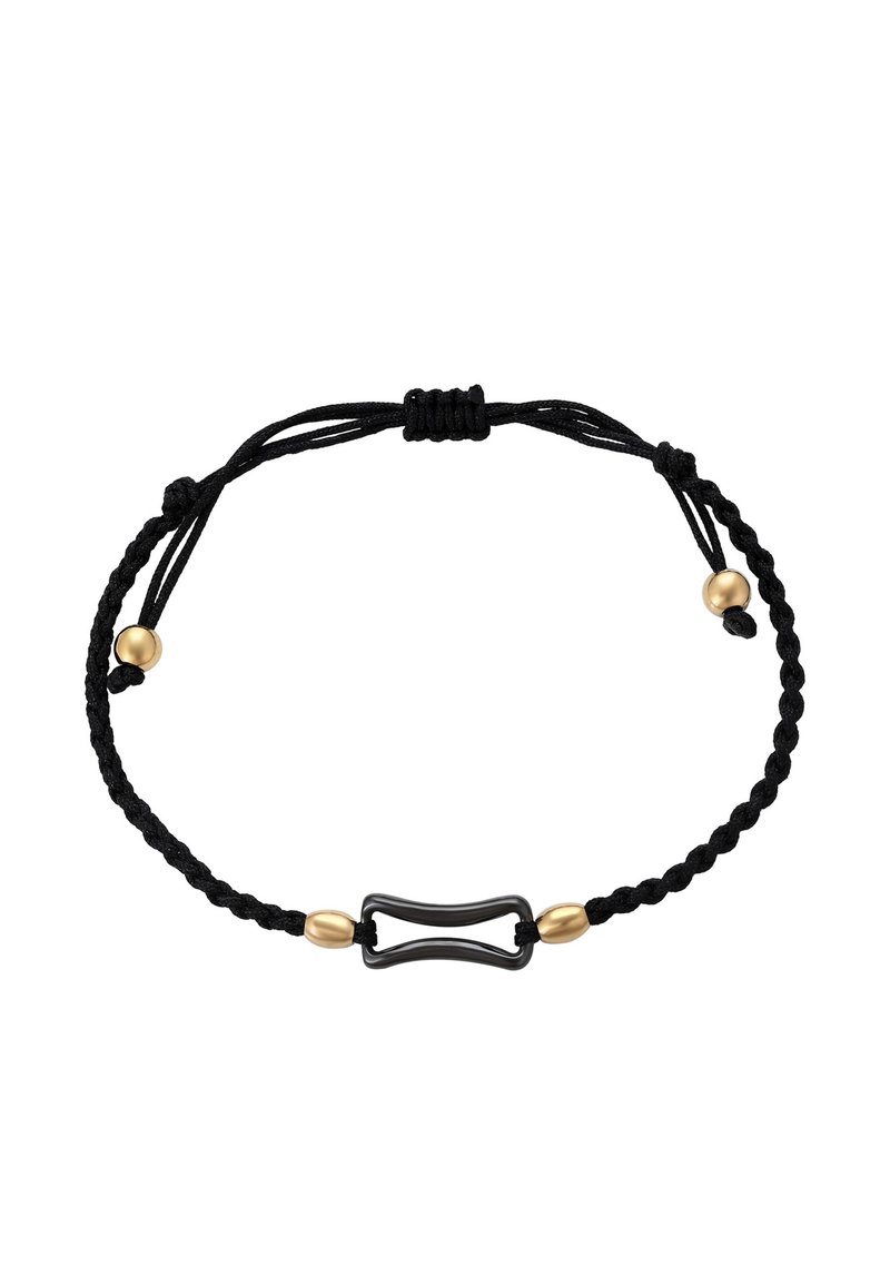 Bracciale in corda nera intrecciata con un accento centrale in metallo nero e due perline dorate decorativi. Chiusura regolabile per la misura.