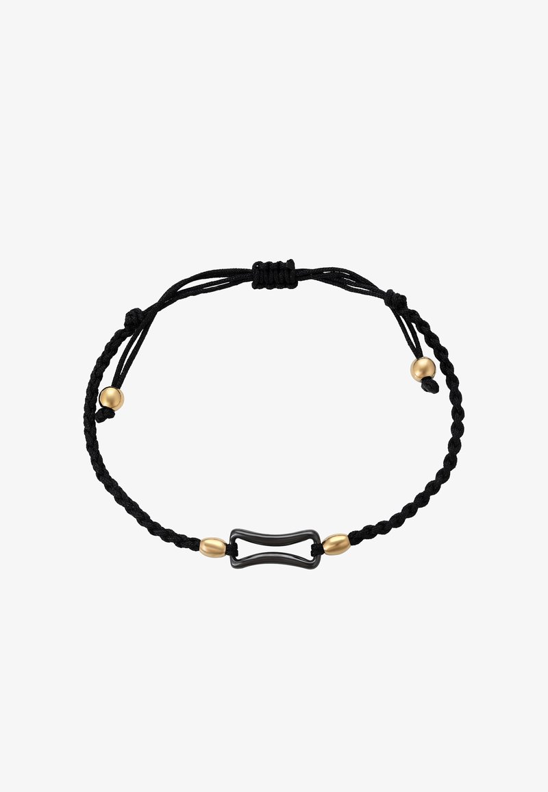 Bracciale in corda nera intrecciata con un accento centrale in metallo nero e due perline dorate decorativi. Chiusura regolabile per la misura.