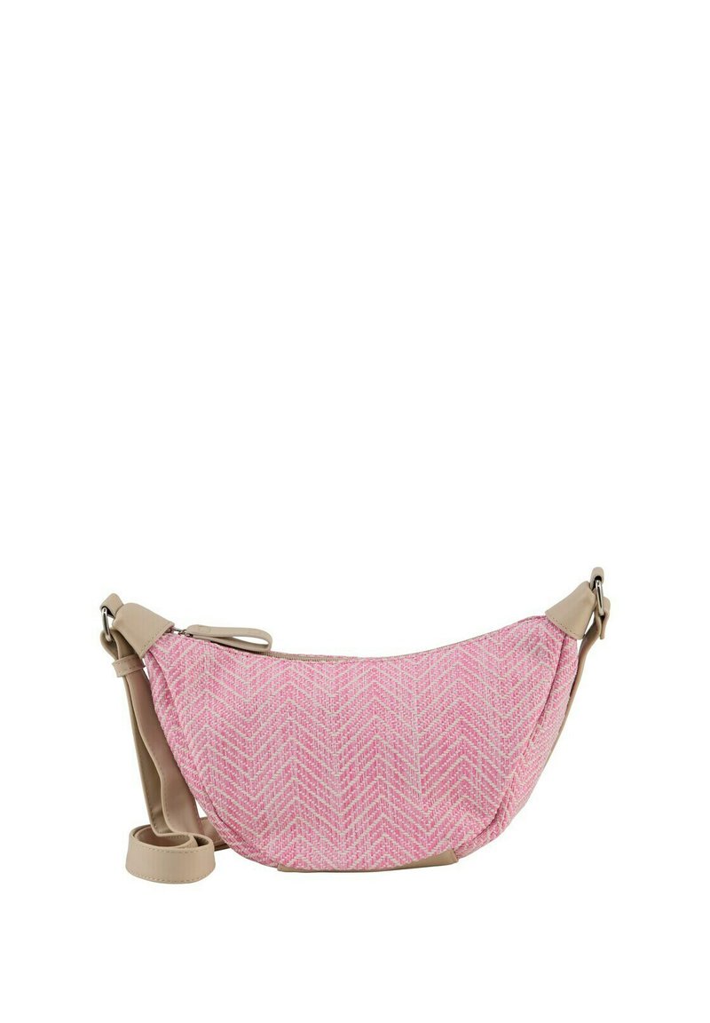 Roze stoffen schoudertas met een visgraatpatroon en een beige faux leren riem. Ritssluiting, lichtgewicht en met een gebogen vorm.