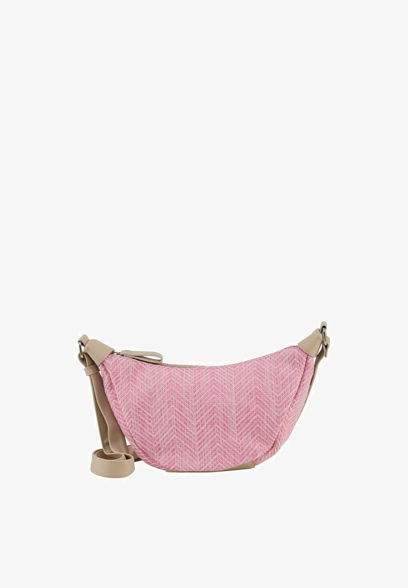 Roze stoffen schoudertas met een visgraatpatroon en een beige faux leren riem. Ritssluiting, lichtgewicht en met een gebogen vorm.