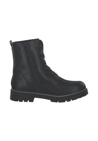 Bottines noires en cuir avec un laçage sur le devant, une fermeture éclair sur le côté et une semelle texturée. Présente un accent métallique sur le bord de la semelle.