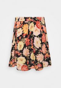 Floral skirt featuring a black background with large, colorful flowers in shades of pink, orange, and red; elastic waistband, pleated design.
