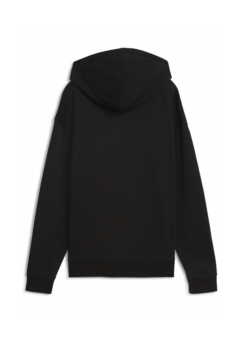 Sweat-shirt noir avec capuche à cordon, manches longues et poignets côtelés. Fabriqué en tissu doux avec une texture lisse, présentant un design décontracté.