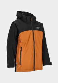 Waterproof jacket with a black upper and orange lower section. Features a hood, zippered side pockets, and a logo on the chest.
