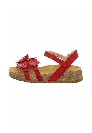 Rote Sandale mit offenen Zehen, Korksohle, verstellbarem Knöchelriemen und drei roten Blumenverzierungen an den vorderen Riemen.